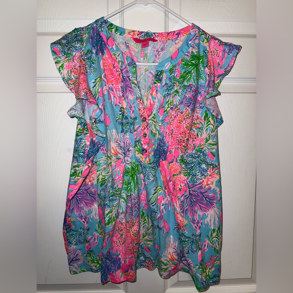Lilly Pulitzer Blue Pink Green Tropical Floral Flutter Sleeve Top